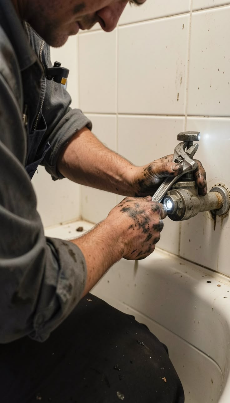 Plumber using a wrench on a corroded tub supply valve